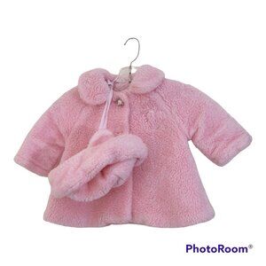 Vintage Girls Coat 12 Months Pink Faux Sherpa Matching Hat Quilted Lining Button